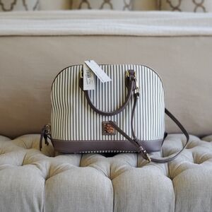 DOONEY AND BOURKE ZIP ZIP SATCHEL TAUPE STRIPED NEW WITH TAGS